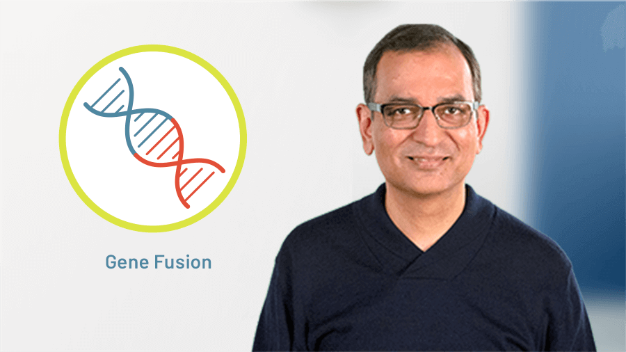 Image of Dr Milind Javle with a gene fusion graphic